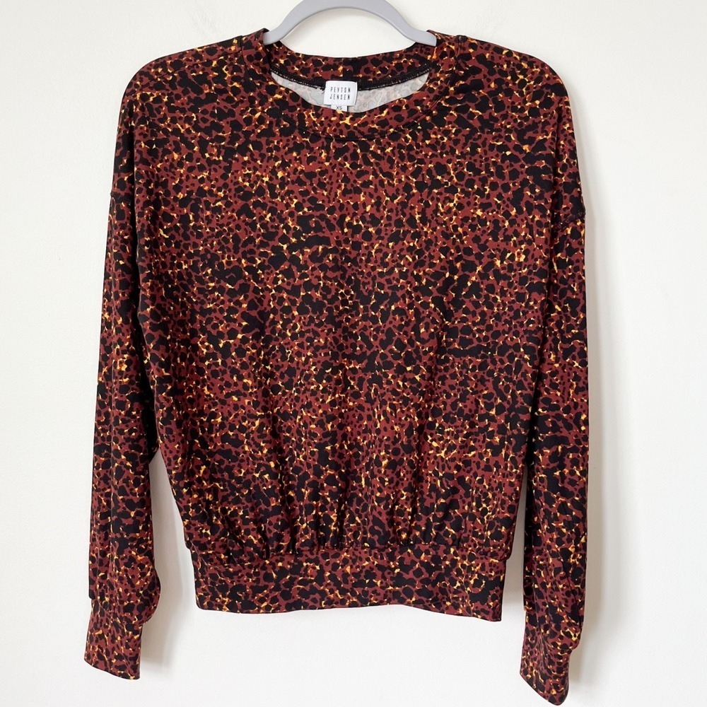 Peyton Jensen Brown Leopard Print Long Sleeve‎ Pullover Shirt Womens XS
